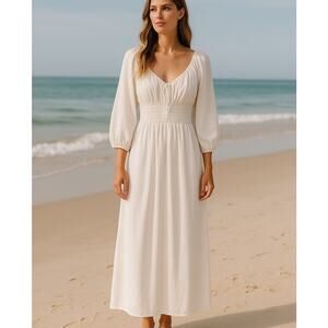 J.Crew SZ XS V-Neck Midi Dress In Cotton Poplin Smocked Waist L/S Pockets NWT